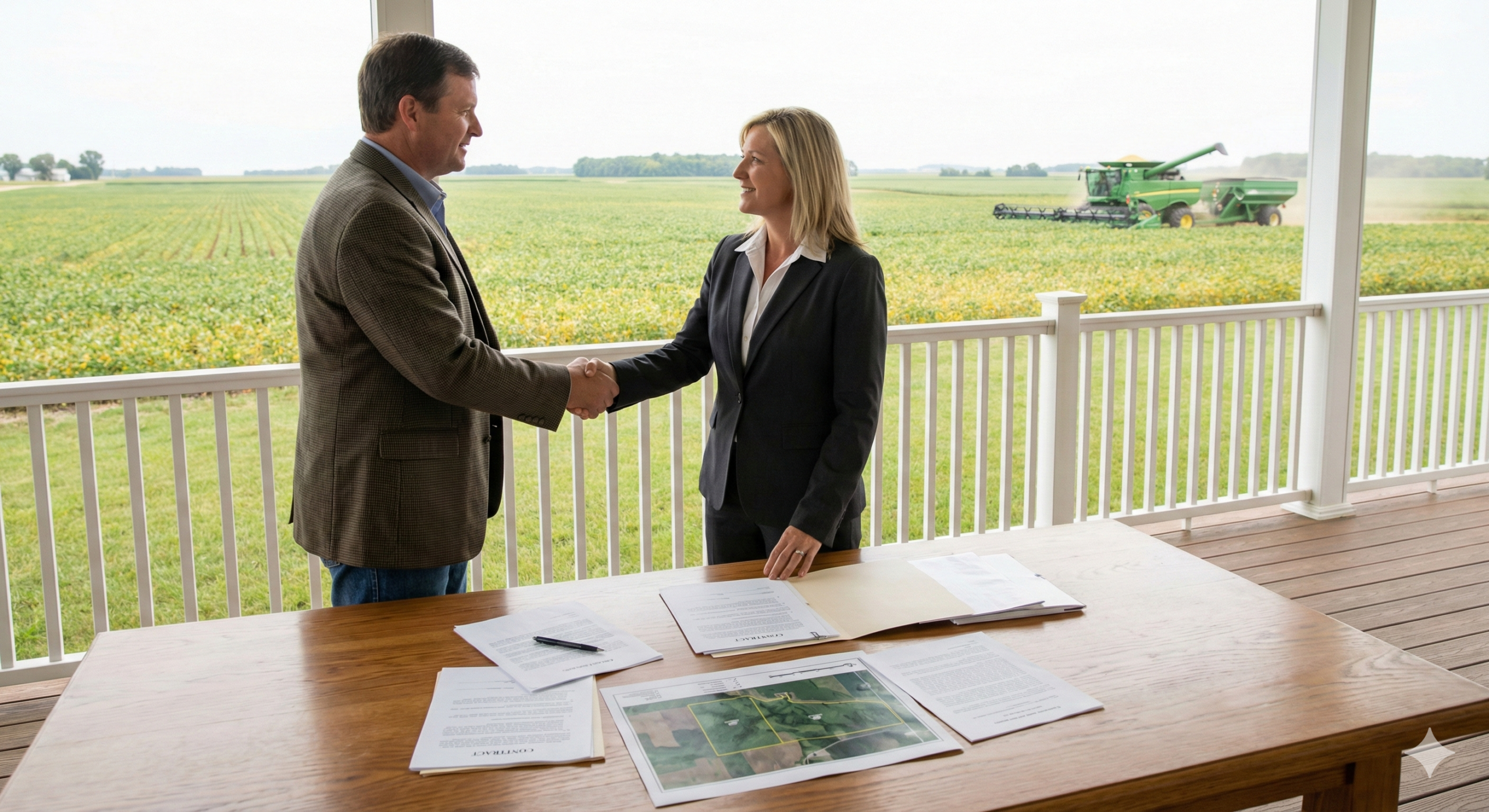 Produtor rural e advogada revisando contratos e mapa da propriedade em uma varánda com vista para a lavoura